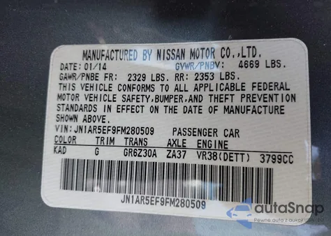 2015 Nissan Gt-R Black Edition z USA, uszkodzony, nr VIN JN1AR5EF9FM280509